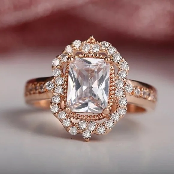 NEW Rose Gold Diamond Radiant Halo Engagement Ring - Picture 3 of 5